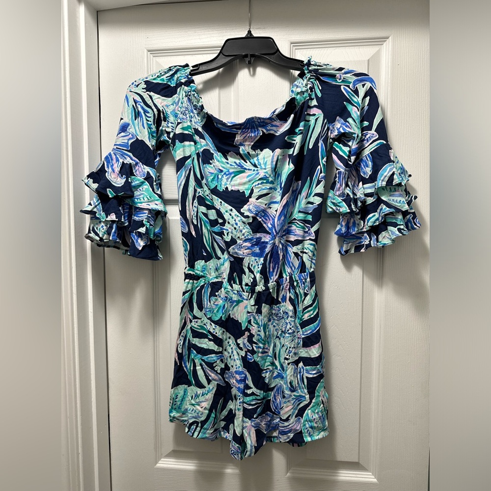 Lilly Pulitzer Calla Off The Shoulder Romper with Ruffle Flounce Sleeves Size XS